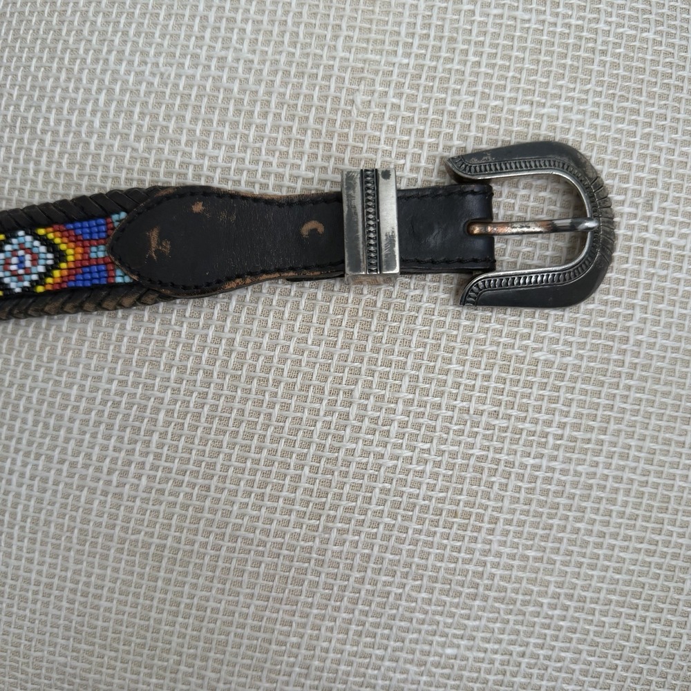 VTG Beaded Leather Belt Size 30 Southwestern Aztec Silver Buckle Country Western - Picture 3 of 16